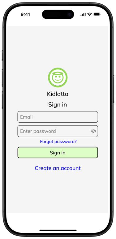 Kidlatta sign in screen on an iPhone